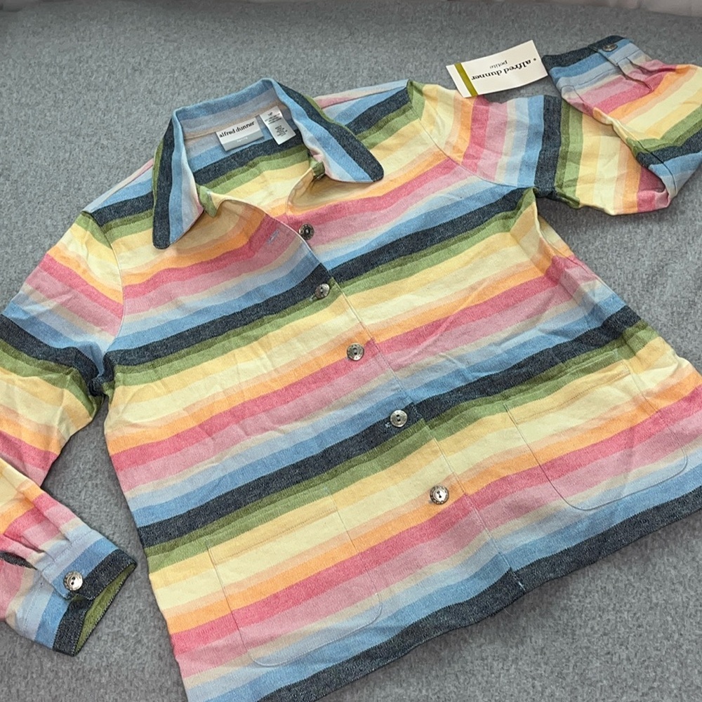 Rainbow Linen Shirt Jacket Shacket Womens Size 14 Button Multicolor Festival